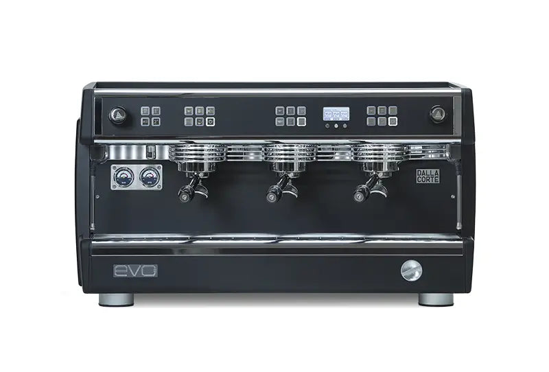 Another black Dalla Corte EVO 2 model with detailed control panel and steam wand