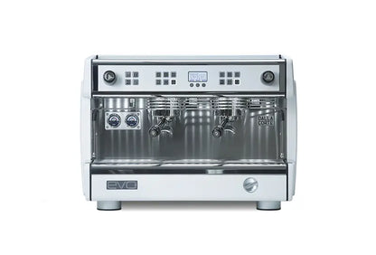 Front view of Dalla Corte EVO 2 espresso machine with silver finish and multiple group heads