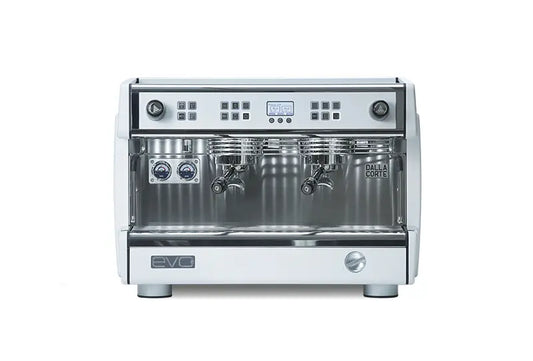 Front view of Dalla Corte EVO 2 espresso machine with silver finish and multiple group heads