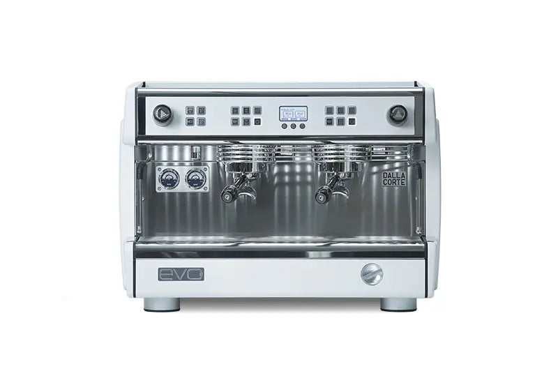 Front view of Dalla Corte EVO 2 espresso machine with silver finish and multiple group heads