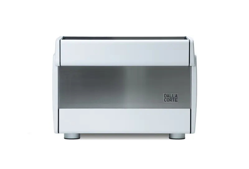 Top view of Dalla Corte EVO 2 showcasing cup warming tray and group heads