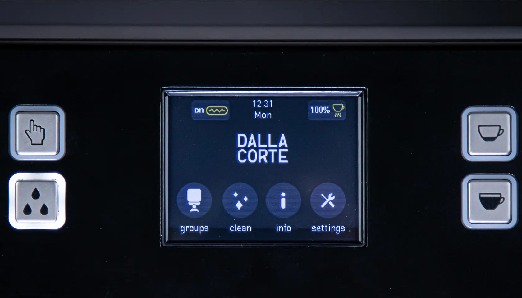 Close-up of Dalla Corte Icon 2GR espresso machine's digital control panel with button interface and display screen