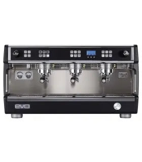 Front view of Dalla Corte Icon 2GR espresso machine showcasing its black body with dual-group heads and digital displays