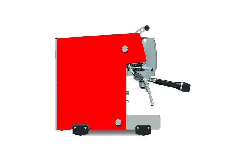 Red side view of Dalla Corte Studio espresso machine showing steam wand and group head