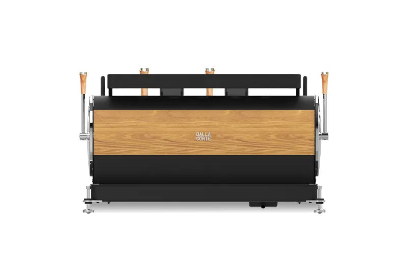 Side profile of Dalla Corte Zero Barista showing elegant wood-accent base and ergonomic design
