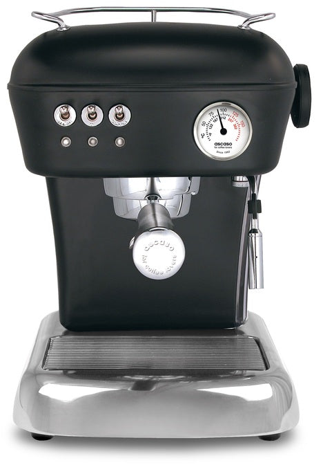 Dream espresso machine front view, black finish, chrome details, pressure gauge, steam wand.
