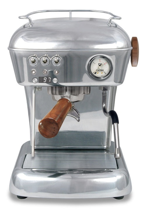 Dream espresso machine front view, chrome finish and wooden portafilter handle.
