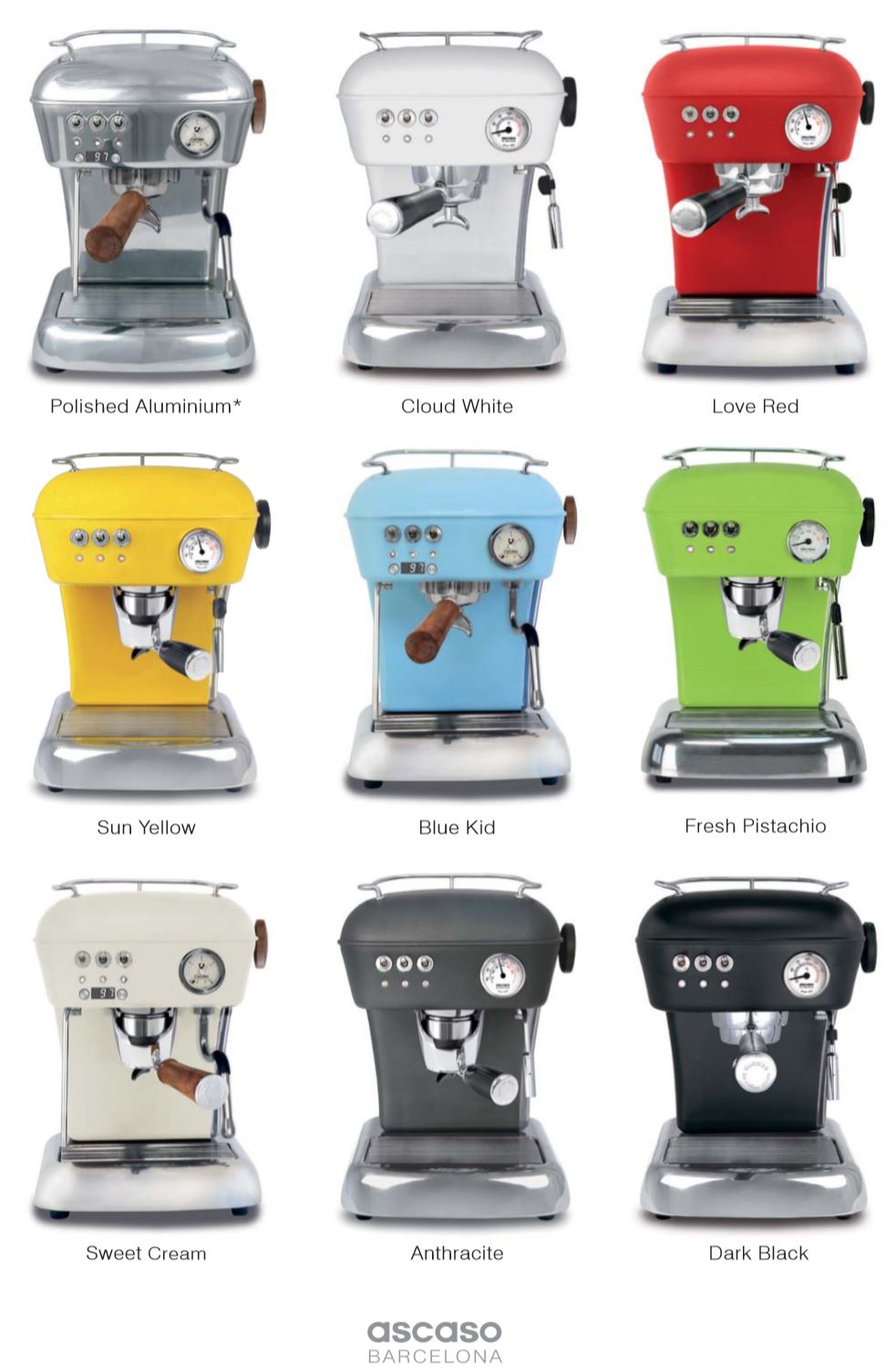 Lineup of Dream espresso machine color variants: white, red, black, yellow, blue, green.
