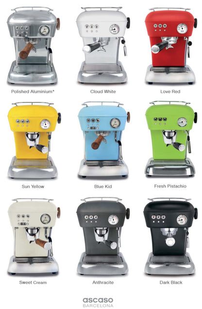 Lineup of Dream espresso machine color variants: white, red, black, yellow, blue, green.
