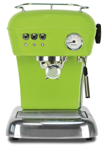 Dream espresso machine front view, green finish, chrome details, pressure gauge, steam wand.

