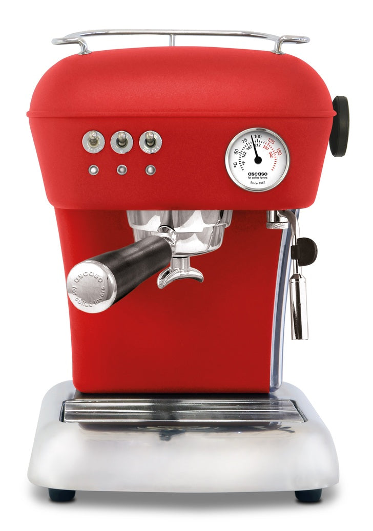 Dream espresso machine front view, red finish, chrome details, pressure gauge, steam wand.
