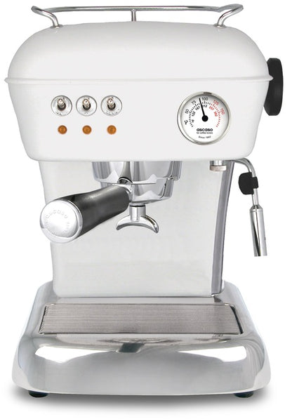 Dream espresso machine front view, white finish, chrome details, pressure gauge, steam wand.
