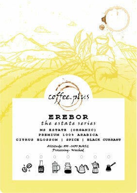 Close-up of Erebor coffee label showing exotic origin details and tasting notes
