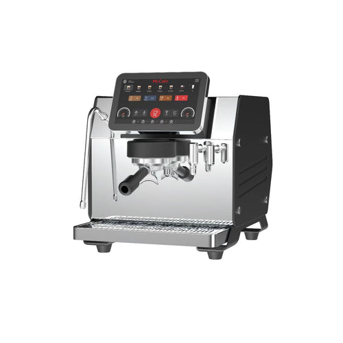 Espressa Alpha H6 espresso machine angled view, control display, steam wand, chrome tray.
