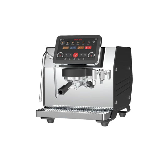 Espressa Alpha H6 espresso machine angled view, control display, steam wand, chrome tray.
