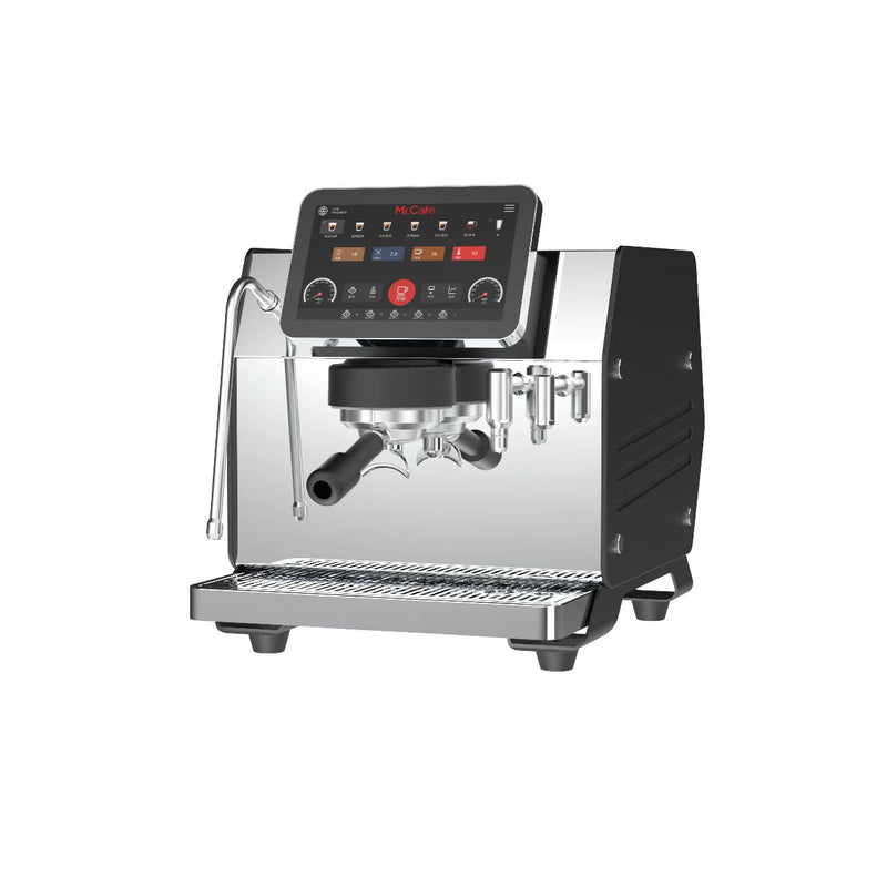 Espressa Alpha H6 espresso machine angled view, control display, steam wand, chrome tray.
