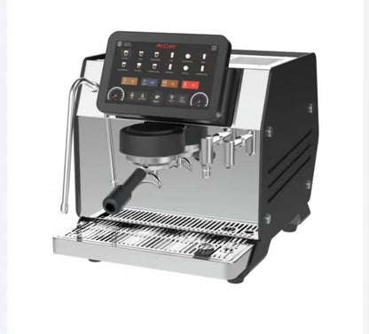 Espressa Alpha H6 espresso machine front view, large touchscreen display, dual boiler, stainless steel body.
