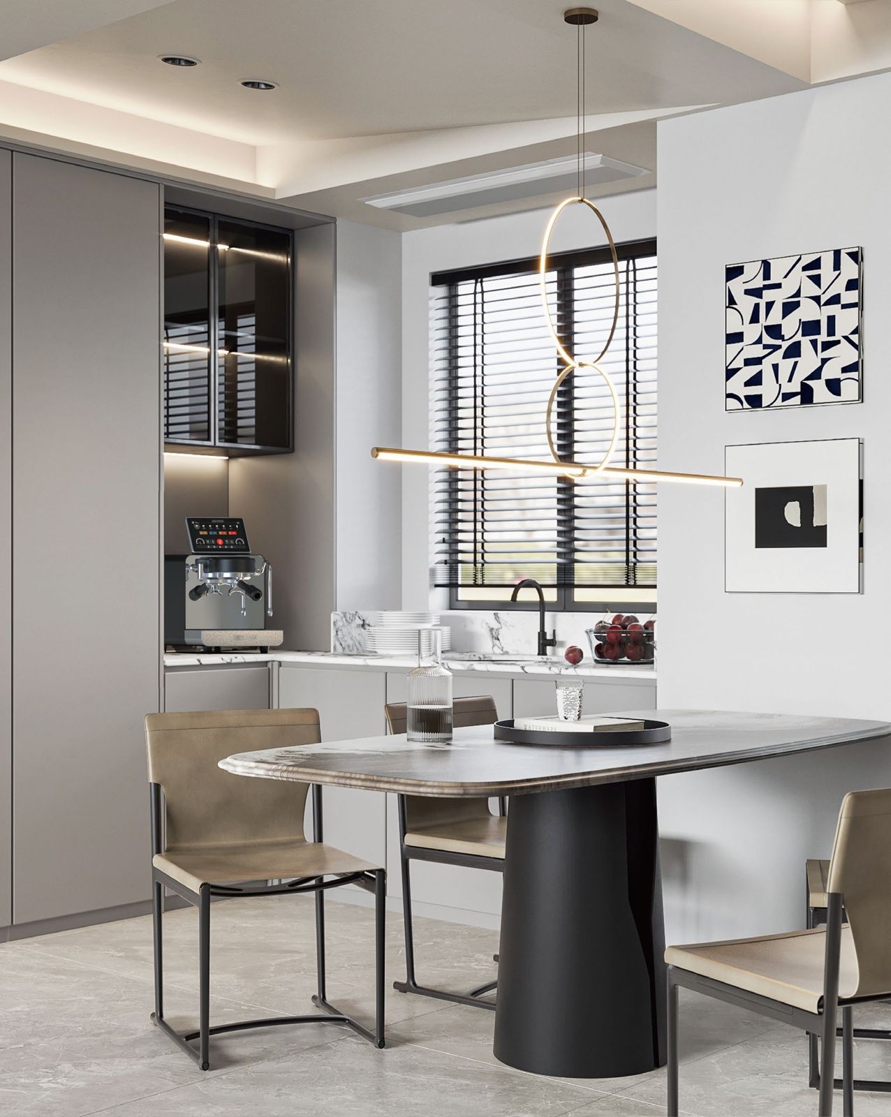Espressa Alpha H6 espresso machine set up in modern coffee bar setting with table and chairs.
