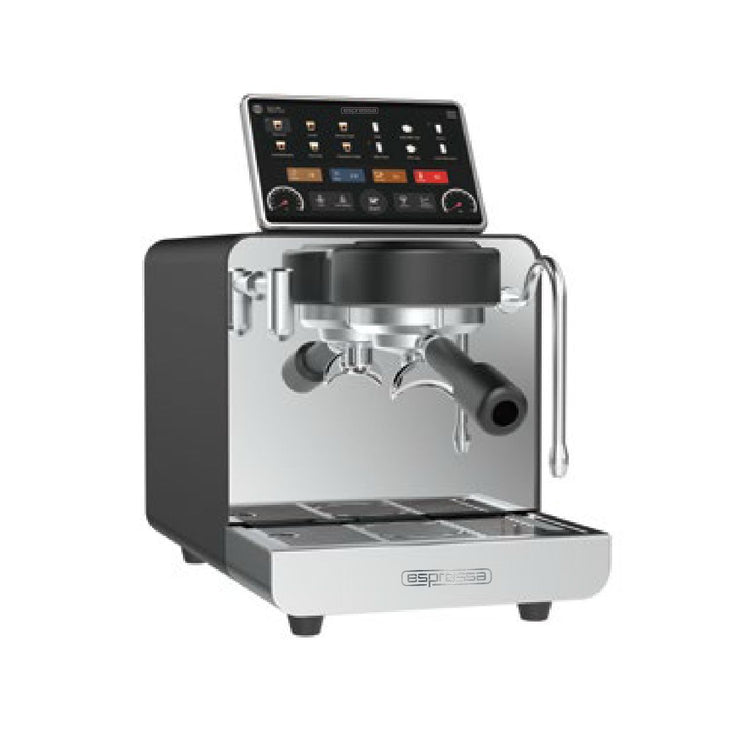 Espressa Alpha H6 espresso machine side angle showing interface and portafilter.
