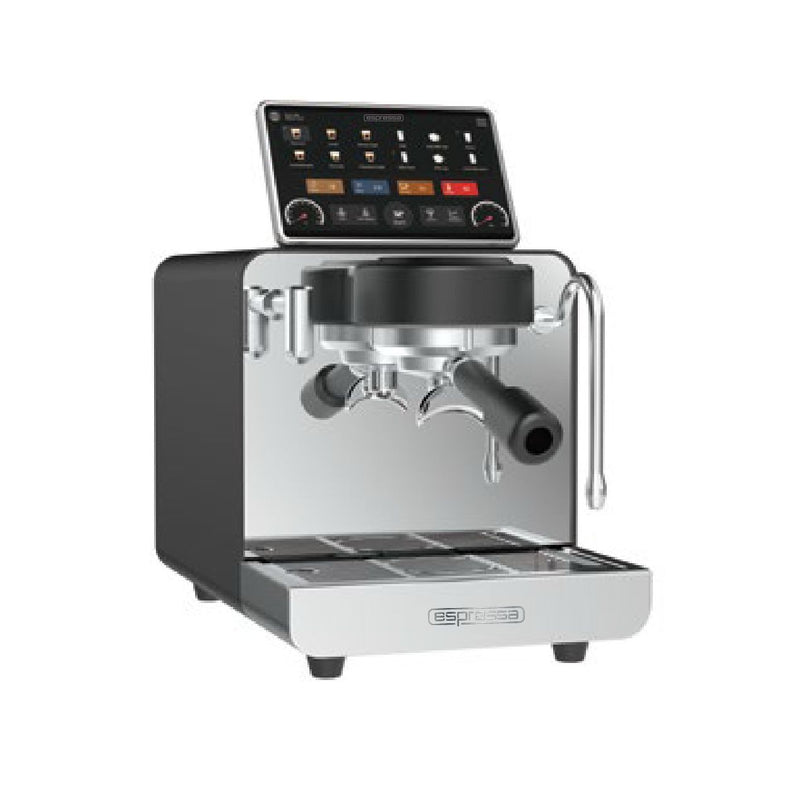 Espressa Alpha H6 espresso machine side angle showing interface and portafilter.
