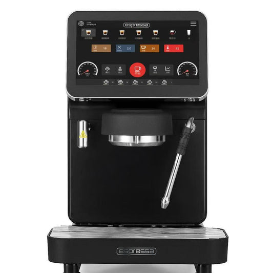 Espressa Alpha S1 black super-automatic espresso machine front view with touch display and dual dispensers
