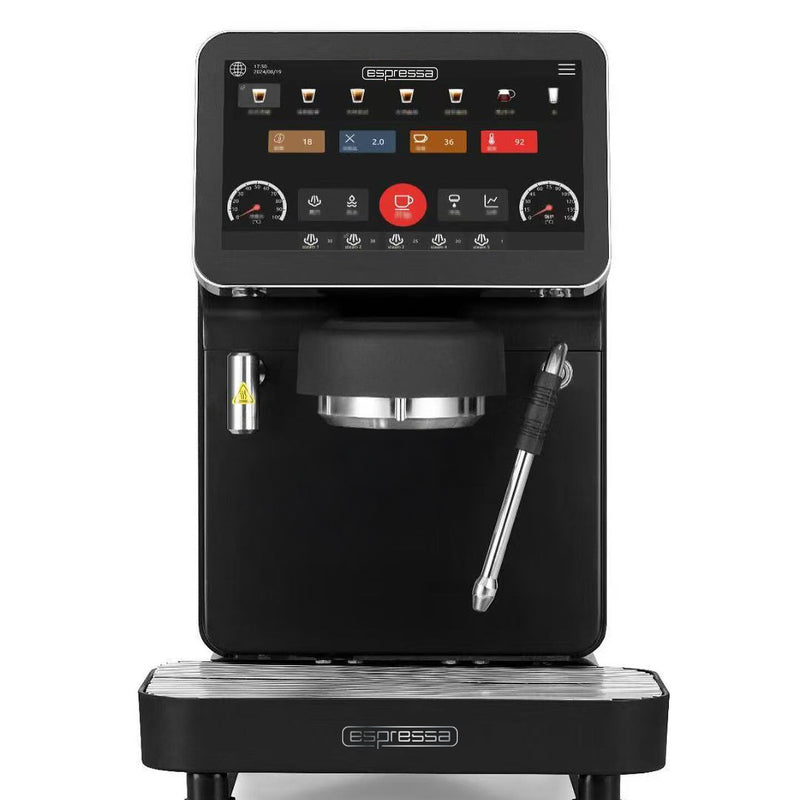 Espressa Alpha S1 black super-automatic espresso machine front view with touch display and dual dispensers
