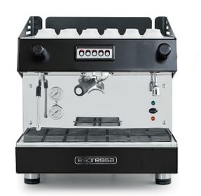 Espressa Atlantic 1-group professional espresso machine front view with stainless steel body and digital display panel
