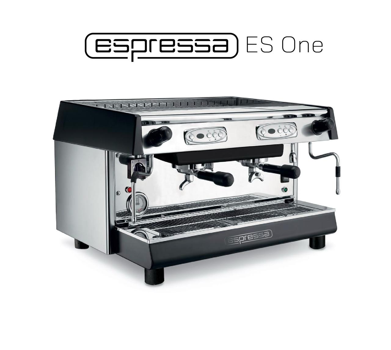 Espressa ES One 2-group professional espresso machine front view with stainless steel finish and raised group heads
