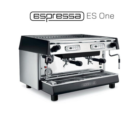 Espressa ES One 2-group professional espresso machine front view with stainless steel finish and raised group heads
