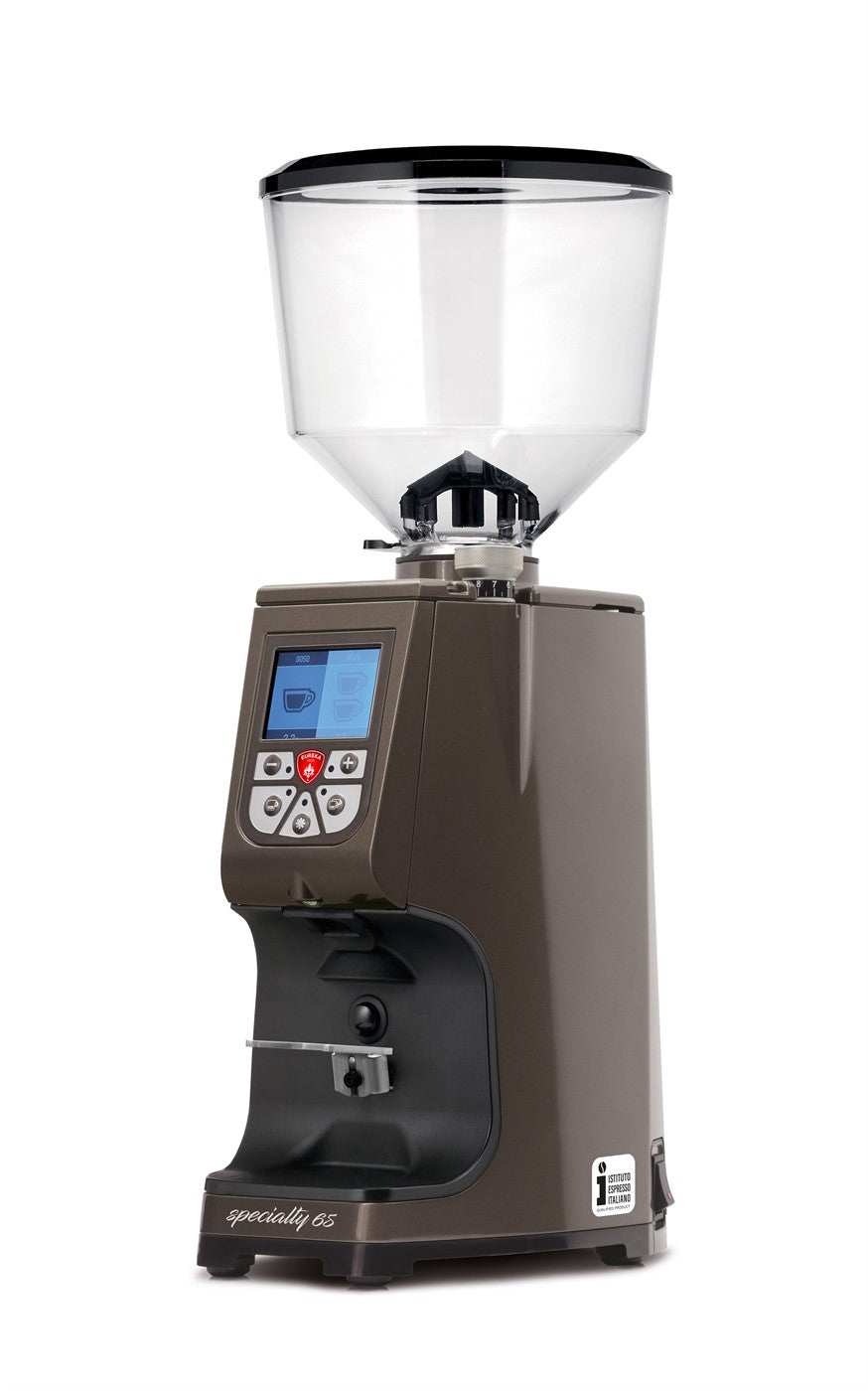 Side view of Eureka Atom Specialty 65 in black finish showing compact professional design
