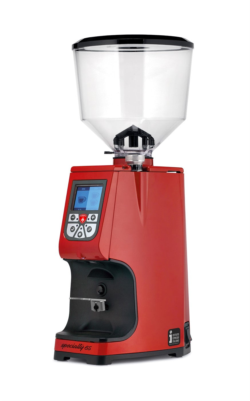 Side view of Eureka Atom Specialty 65 in red finish highlighting Italian design aesthetics
