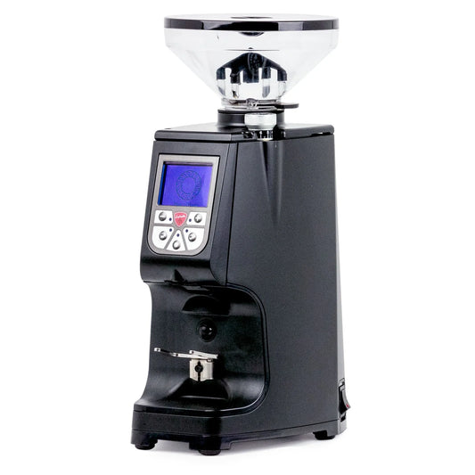 Eureka Atom Specialty 75 espresso grinder front view with digital touchscreen display and 1.4kg hopper
