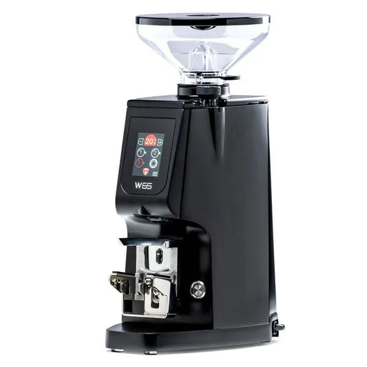 Eureka Atom W65 commercial coffee grinder in black finish with digital touchscreen display and transparent bean hopper