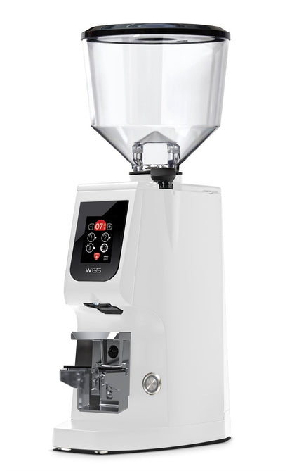 Eureka Atom W65 coffee grinder front view, white finish, touch display, 65mm burr housing.

