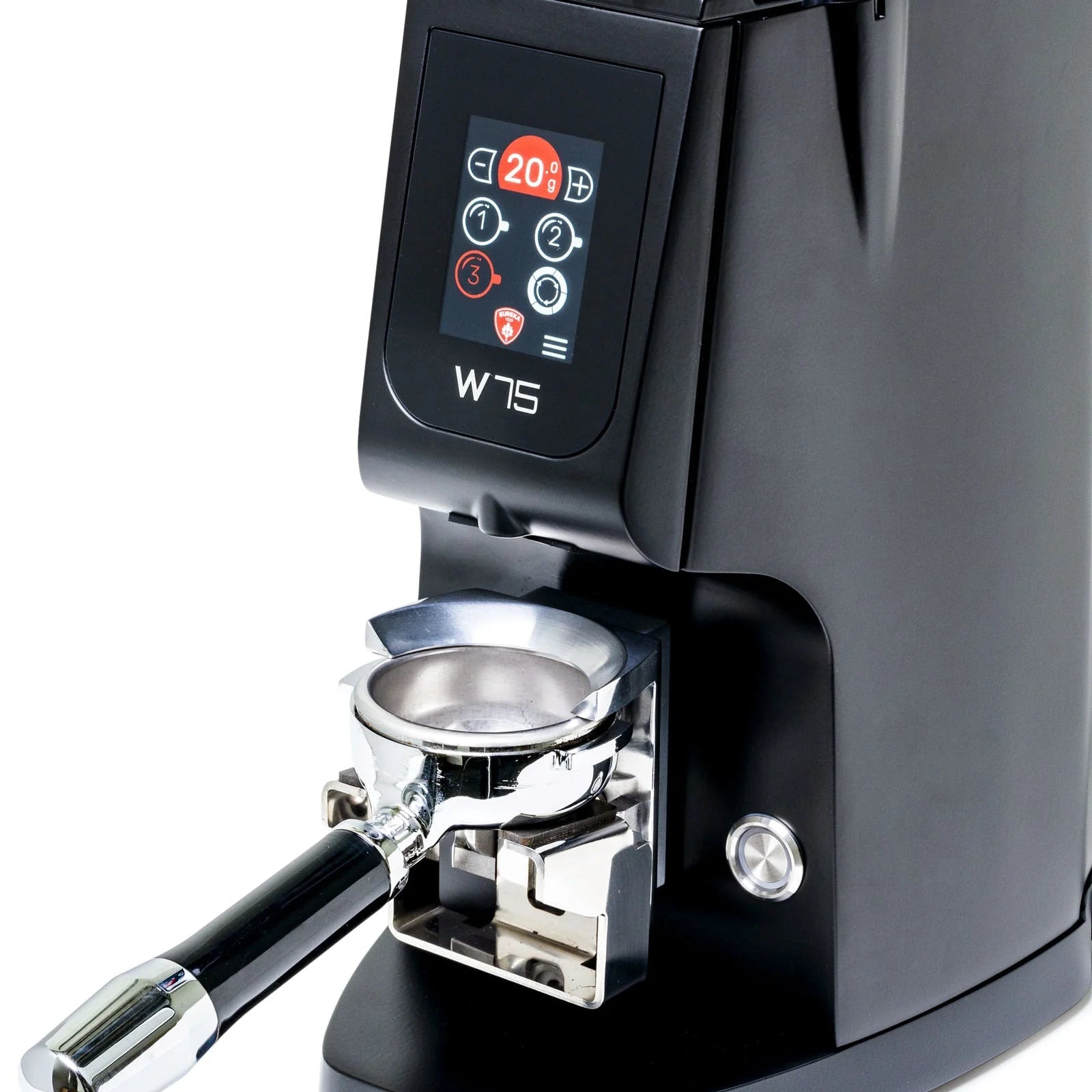 Eureka Atom W75 touchscreen interface displaying weight-based dosing controls and programmable settings
