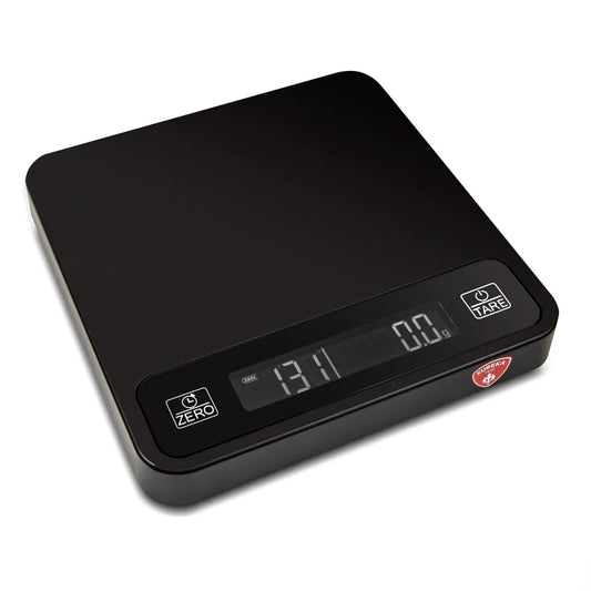 Eureka Digital Scale Precisa front view, black finish, LCD display, showing weight and timer functions.
