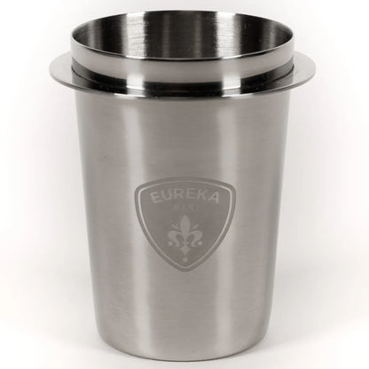 Stainless steel Eureka dosing cup isolated view showing sleek design and logo.
