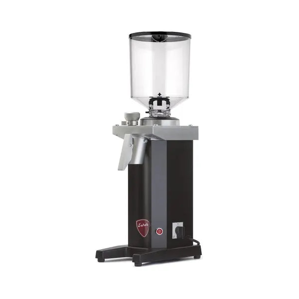 Eureka Drogheria MCD4 Shop Grinder 65mm in black commercial-grade finish with clear bean hopper and simple dispensing spout