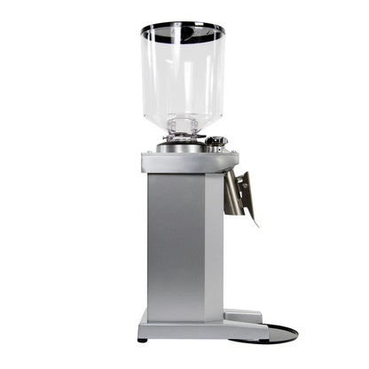 Left profile view of Eureka Drogheria MCD4 grinder with hopper and grind chute.
