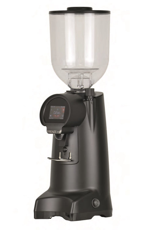 Eureka Firenze 75 espresso grinder front view, black finish, touchscreen display, clear hopper.
