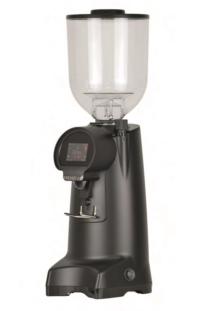 Eureka Firenze 75 espresso grinder front view, black finish, touchscreen display, clear hopper.
