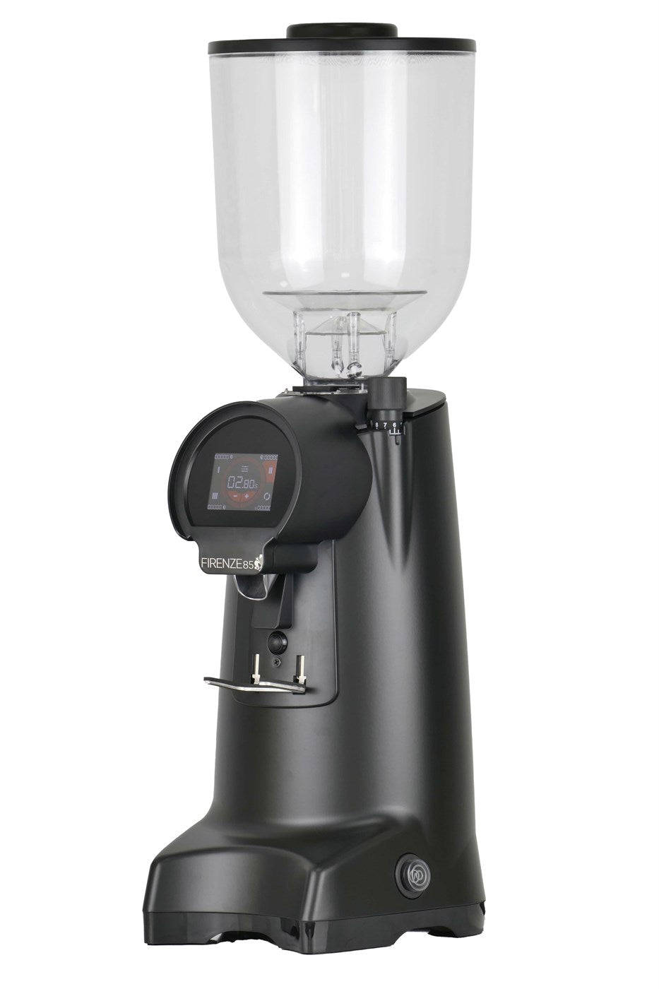 Eureka Firenze 85 grinder angled view showing touchscreen interface and dosing fork.
