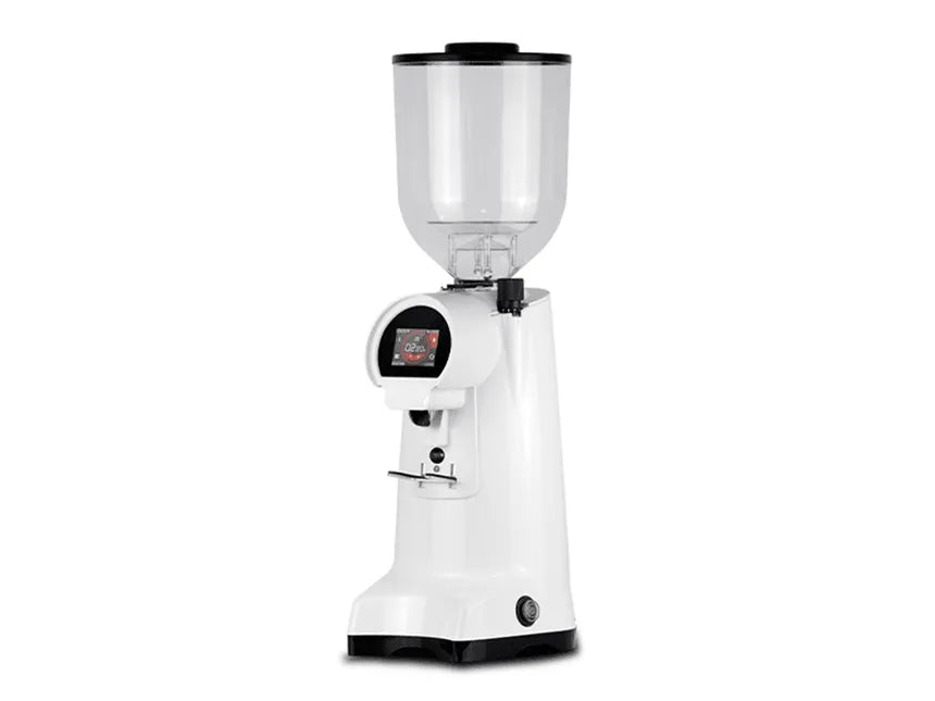 Eureka Firenze 85 commercial coffee grinder in white finish with clear bean hopper and TFT touchscreen display