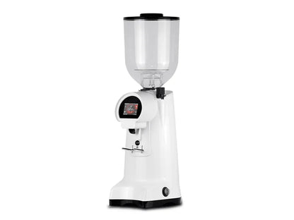 Eureka Firenze 85 commercial coffee grinder in white finish with clear bean hopper and TFT touchscreen display
