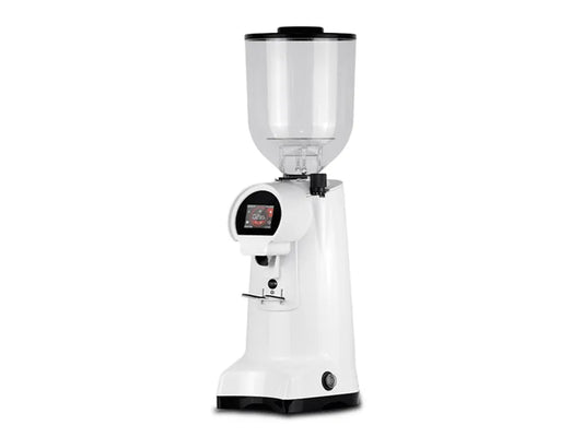 Eureka Firenze 85 commercial coffee grinder in white finish with clear bean hopper and TFT touchscreen display