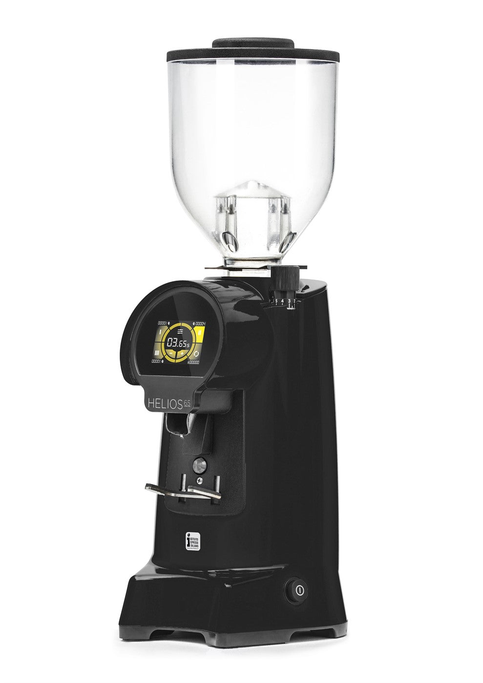 Eureka Helios 65 HSM espresso grinder front view, black finish, touchscreen display, 65mm burrs.
