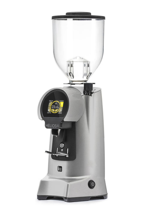 Eureka Helios 65 HSM espresso grinder front view, white finish, touchscreen controls.