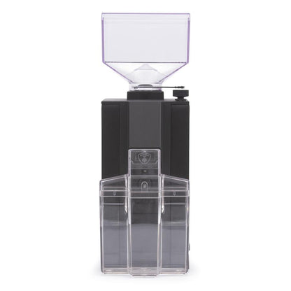 Eureka Mignon Filtro grinder front view, compact design, smoked grey hopper, catch bin included.
