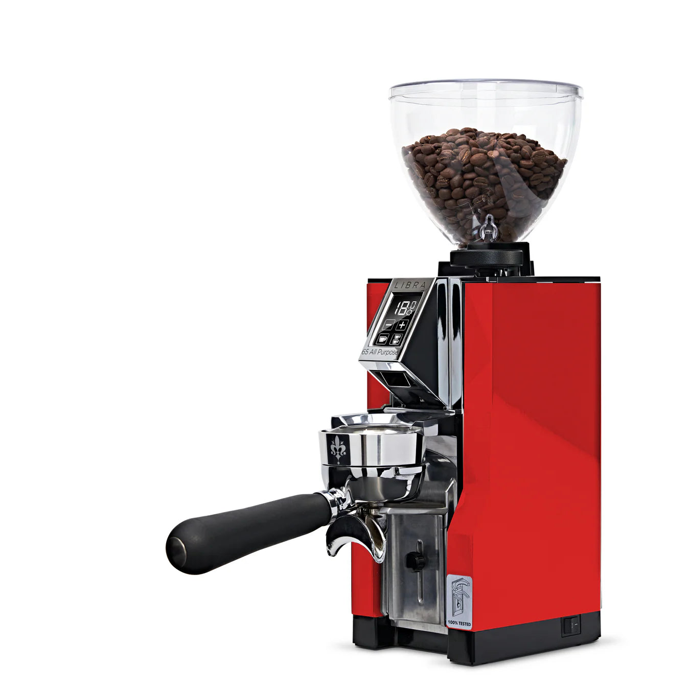 Eureka Mignon Libra 65AP grinder red finish front angle with touchscreen and dosing system.
