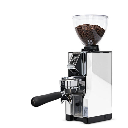 Eureka Mignon Libra 65AP grinder in white finish with adjustable fork and bean hopper.
